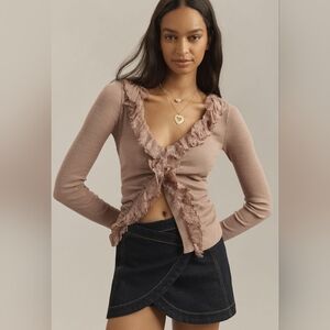 Anthropologie Ruffle Lace Cardigan Dusty Rose
